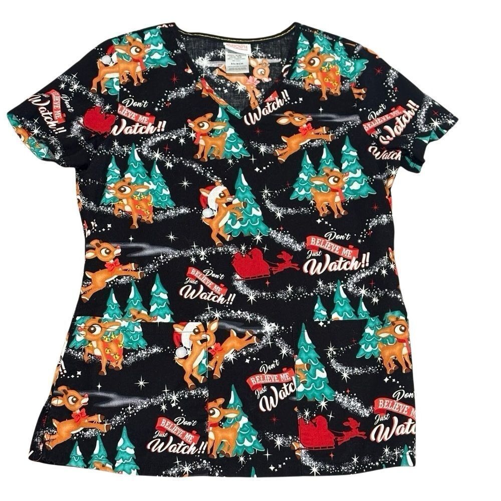 Rudolph the Red-Nosed Reindeer Christmas Scrub Top. Size XS. Great Condition!!